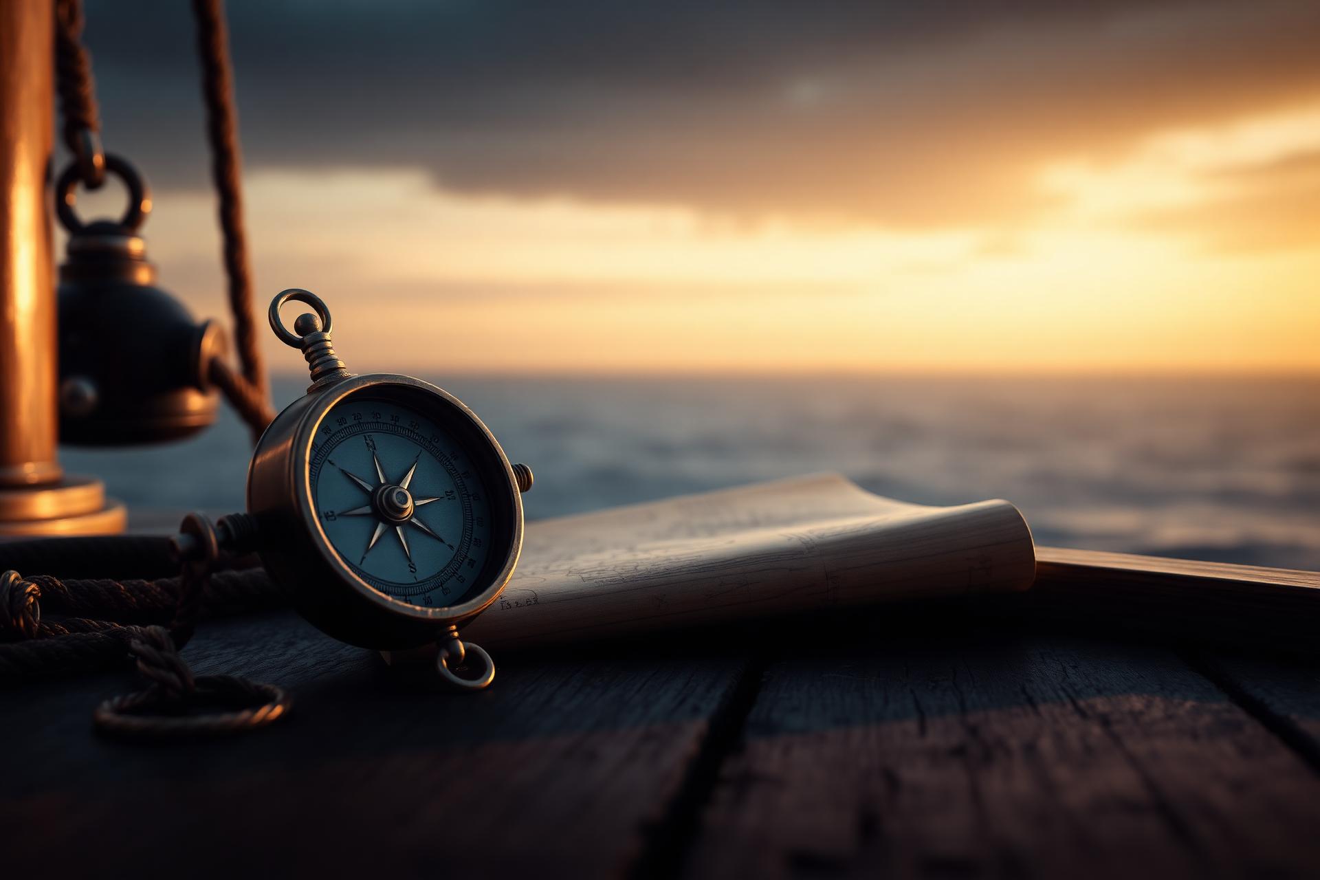 Vintage brass compass and nautical map at sea